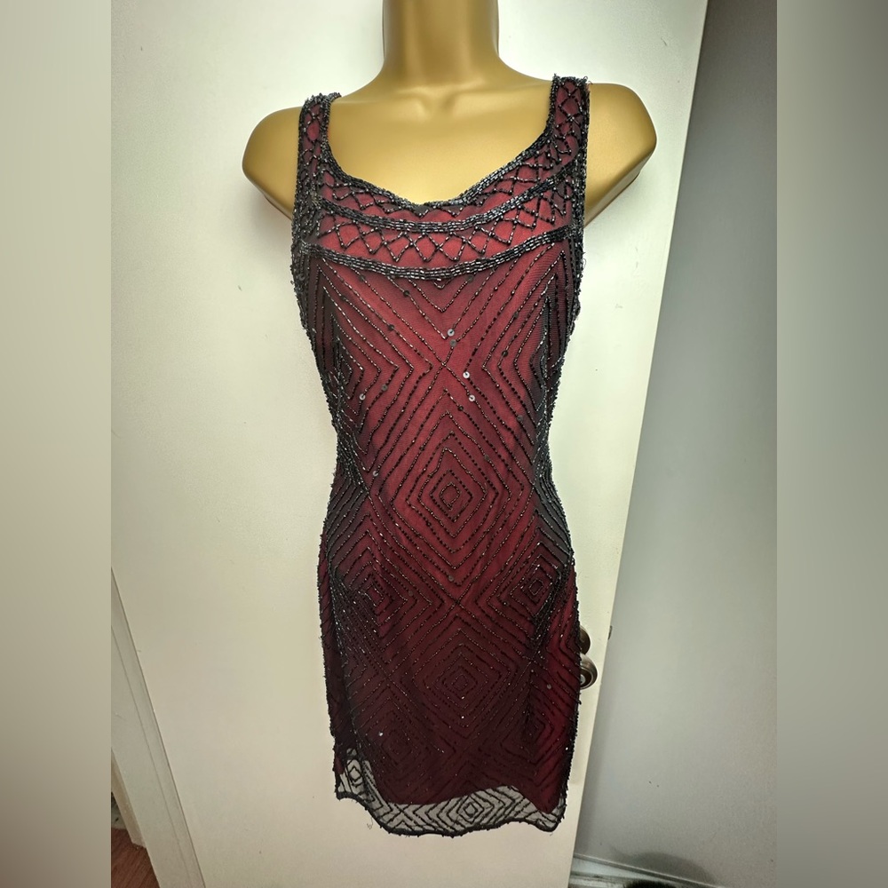 Laurence Kazer New York Black Beaded Red Underlay Flapper Whimsigoth‎ Dress M